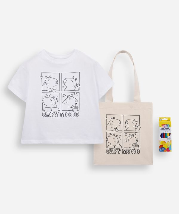 camiseta infantil de algodão capivara com bolsa e canetinhas laváveis off white 4