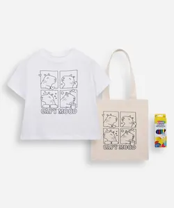camiseta infantil de algodão capivara com bolsa e canetinhas laváveis off white 10