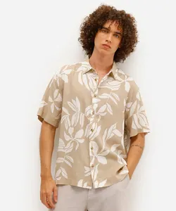 camisa masculina com linho manga curta folhagens bege P