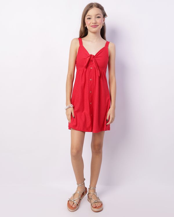 Vestido Juvenil Curto Alcinha Laise Amarração Botões Vermelho 16