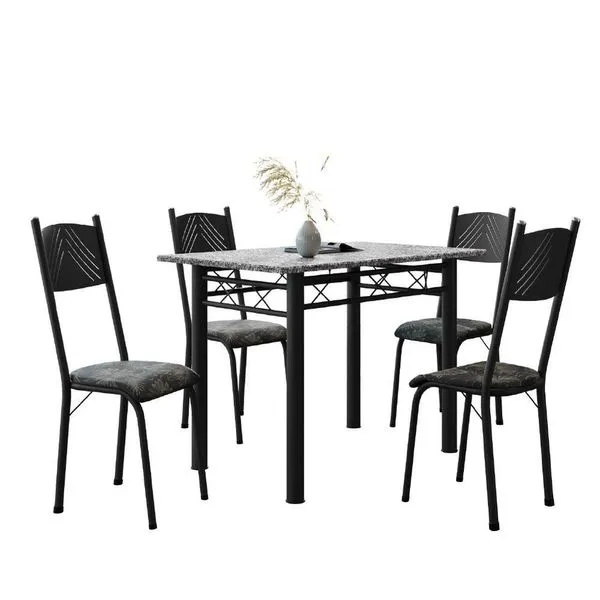 Conjunto De Mesa Sala De Jantar Sara Com 4 Cadeiras Tubular Granito 1,20m Artefamol Preto/flor