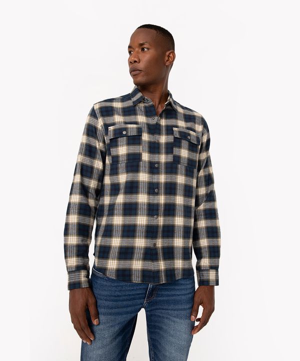 camisa comfort de algodão xadrez manga longa azul médio G