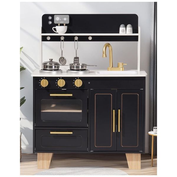 Cozinha Educativa de Brinquedo ROBUD, Conjunto de Cozinha em Madeira com Design Mármore, Fogão e Forno Realistas para Crianças a partir de 3 anos