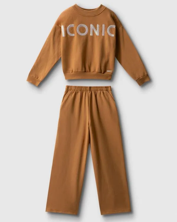 Conjunto Menina Iconic Em Moletom Stretch Flanelado - Carinhoso Marrom - 12