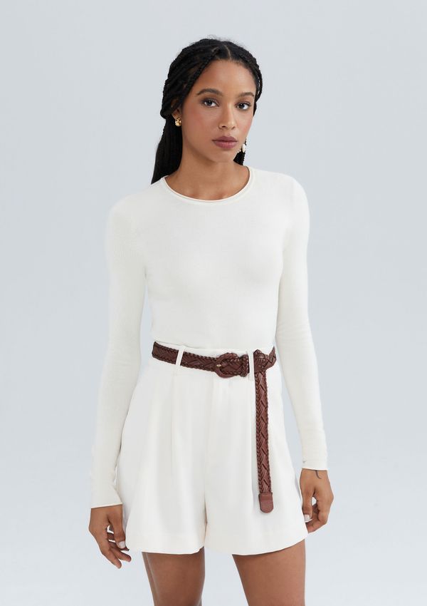Blusa Feminina Manga Longa Slim Em Tricô Leve - Creme XP