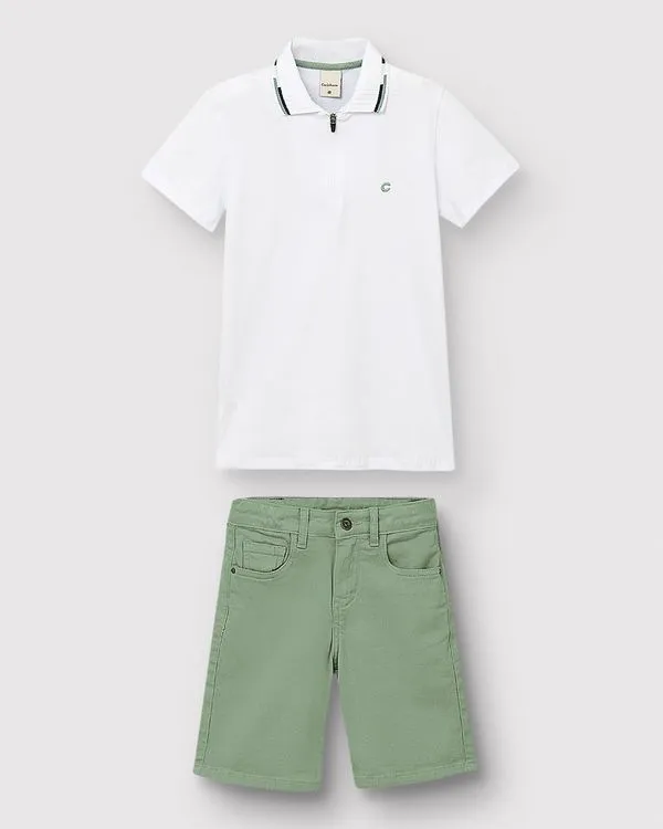 Conjunto Menino Camisa Polo Peitilho Com Zíper Em Piquet Stretch - Carinhoso Branco - 10