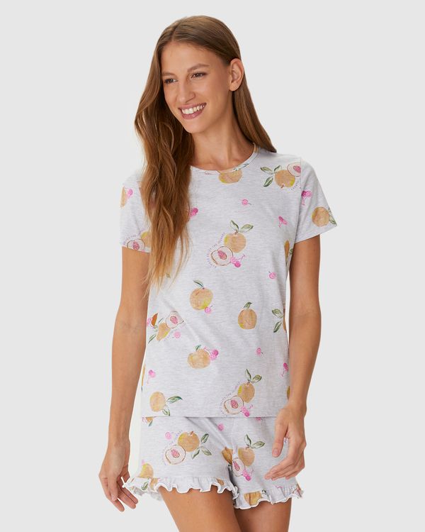 Pijama Curto Feminino Estampado Shorts Barra Picot Em Algodão Cinza - G