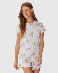 Pijama Curto Feminino Estampado Shorts Barra Picot Em Algodão Cinza - G