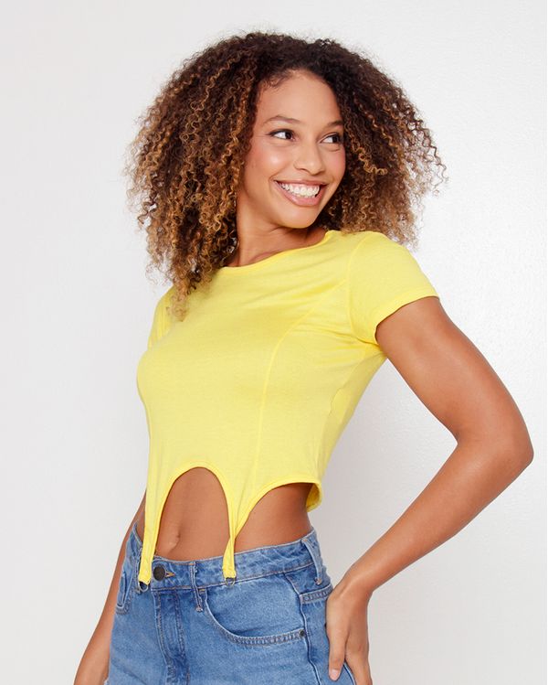 Blusa Feminina Cropped Manga Curta Com Tira E Argola Amarela P