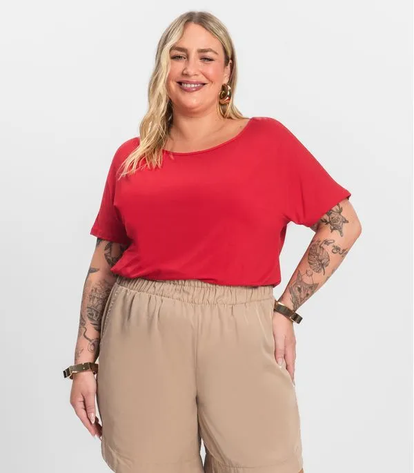 Blusa Manga Curta Feminina Plus Size Secret Glam Vermelho Plus G2