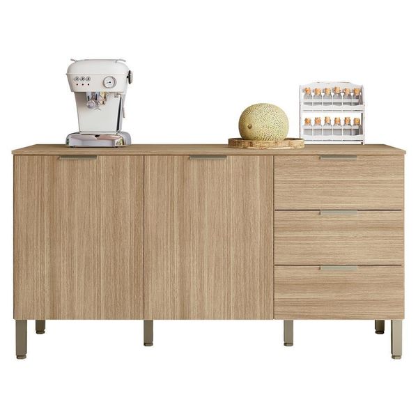 Balcão Kits Paraná 1600 Glam 2 Portas 3 Gavetas Painel Ripado Freijó Vanilla n/a