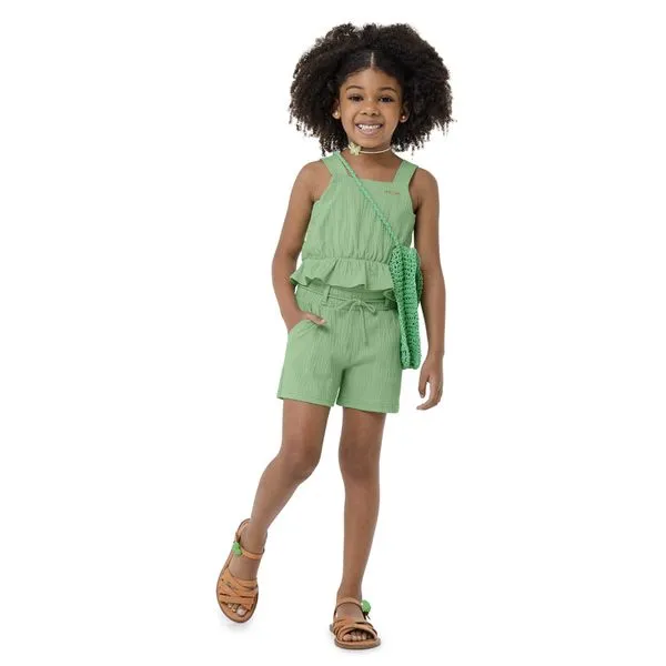 Shorts Menina Cintura Com Elástico Em Malha Texturizada Carinhoso Verde - 3