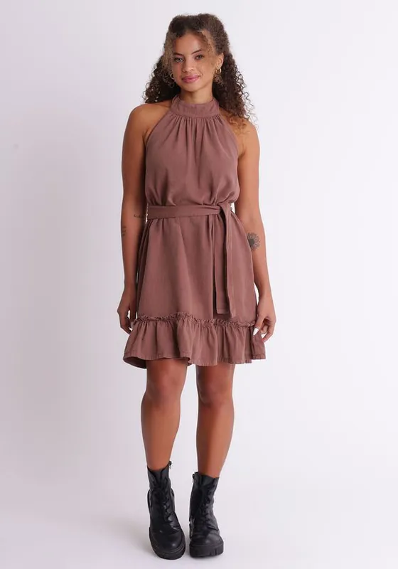 Vestido frente única com babados Marrom M