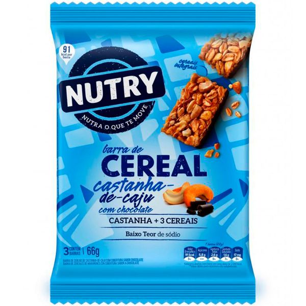Barra de Cereais Nutry Castanha-de-Caju Com Chocolate 22g - Multipack Com 3 Unidades - Com 3 Cereais e Castanha