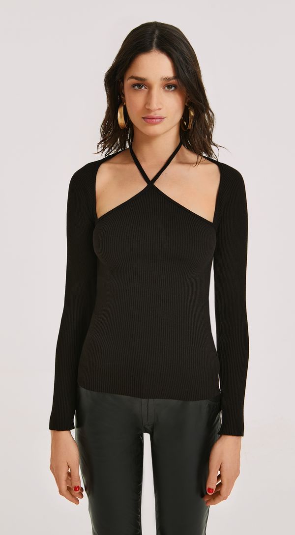 Blusa Morena Rosa Decote Amarração Manga Longa Tricôt Preto G