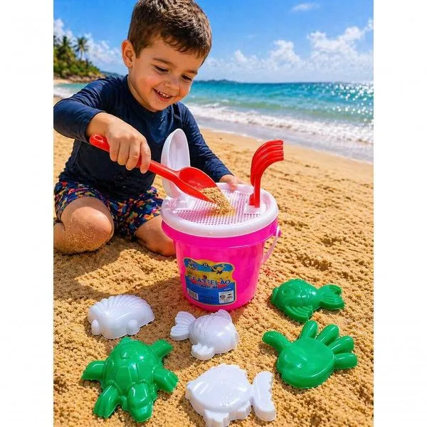 Kit de Brinquedos de Praia Castelo Infantil 9 Peças com Balde com Alça Verde Rei do Balde Kit de Brinquedos de Praia Castelo Infantil 9 Peças Verde Rei do Balde