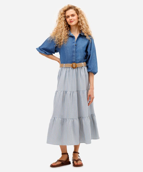 saia midi feminino com linho e cinto listrada azul 34