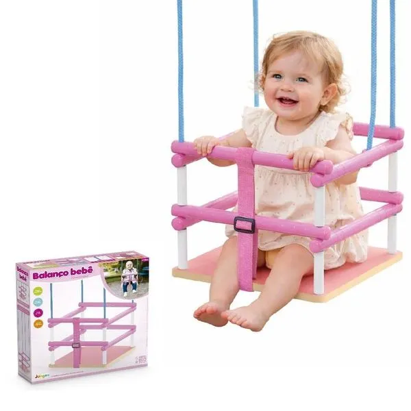 Balanço Infantil Bebê com Cinto de Segurança em MDF Rosa para Até 35kg Playground Junges Balanço Infantil Bebê em MDF Rosa com Cinto de Segurança Até 35kg Junges
