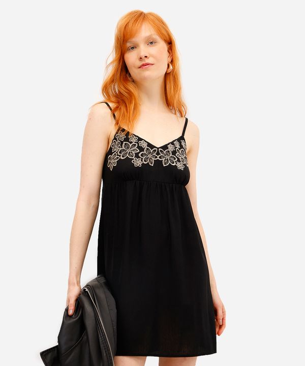 vestido curto feminino alça fina com linho floral preto GG