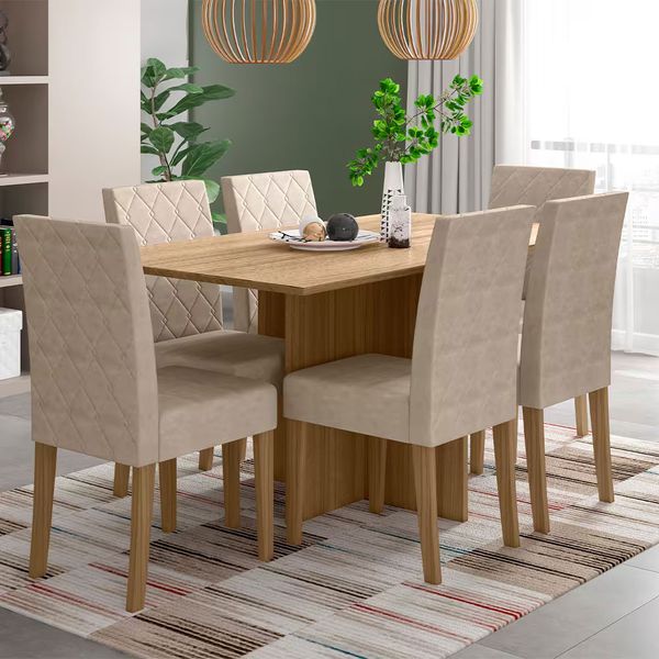 Conjunto de Mesa de Jantar Poliman Helo com 6 Cadeiras - 160 cm de Largura Bege