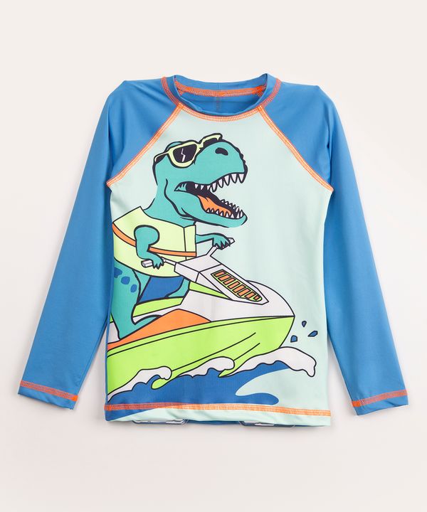 blusa de praia infantil raglan dinossauro com proteção uv50 azul 6