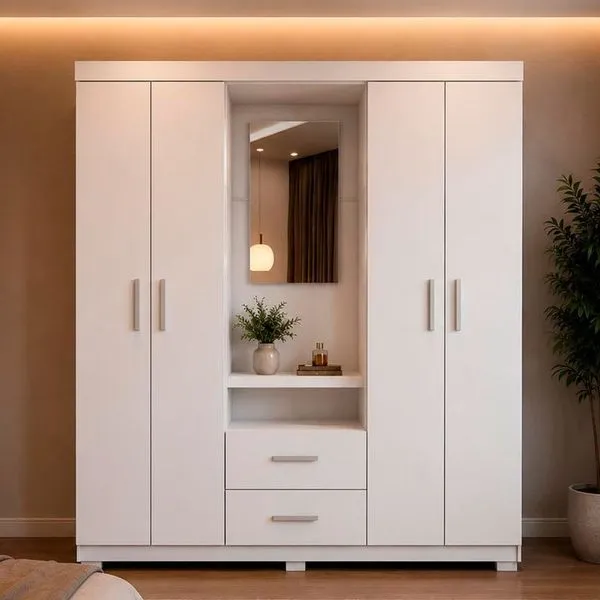 Guarda-Roupa 4 Portas 2 Gavetas Delicatto Capela Penteadeira Com Espelho Branco (MP)