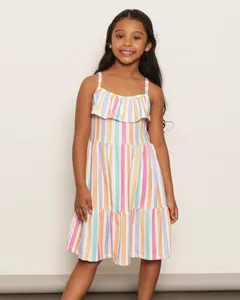 Vestido Infantil Kamylus Três Marias Listrado Com Babados Branco 8