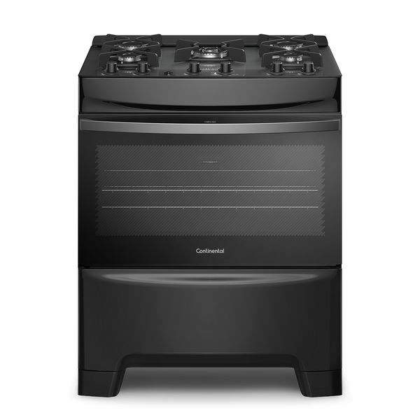 Fogão Continental 5 Bocas FC5GB Preto com Mesa de Vidro, Forno Eco Turbo e Tripla Chama  Bivolt