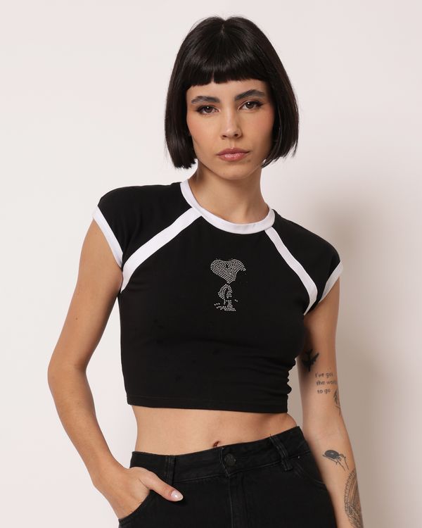 Camiseta Cropped Feminina Peanuts Snoopy com Strass Preta M