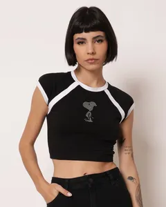 Camiseta Cropped Feminina Peanuts Snoopy com Strass Preta M