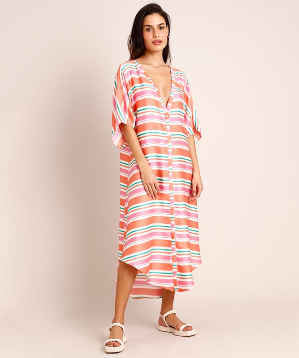 Saída de Praia Chemise Longa de Viscose Listrada Manga Curta Decote V Laranja G