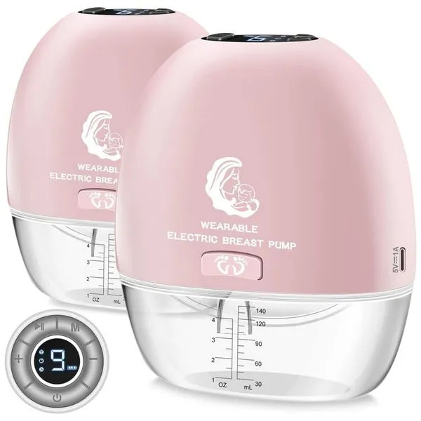 Bomba Tira Leite Elétrica com Controle Remoto, 4 Modos, 9 Níveis e Recarregável, 2Un, Hfuear, Rosa 110v
