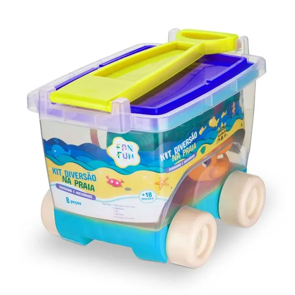 Conjunto de Praia - Carrinho, Pá, Balde, Rastelo, Formas e Regador - Azul - Fan Fun Conjunto de Praia - Carrinho, Pá, Balde, Rastelo, Formas e Regador - Sortido - Fan Fun