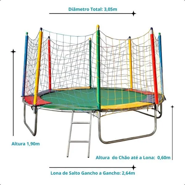 Cama Elástica Redonda 3,05M com Rede de Proteção Suporta 200kg com Escada Rotoplay Brinquedos Cama Elástica Redonda 3,05M 200kg com Rede de Proteção e Escada Rotoplay