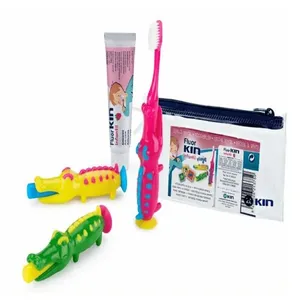 Kit Fluor Kin Infantil Viagem 1 Escova Dental Formato De Jacaré + 1 Creme Dental 30g + 1 Nécessaire