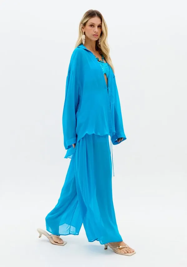 Calça Wide Leg Cintura Média Azul G