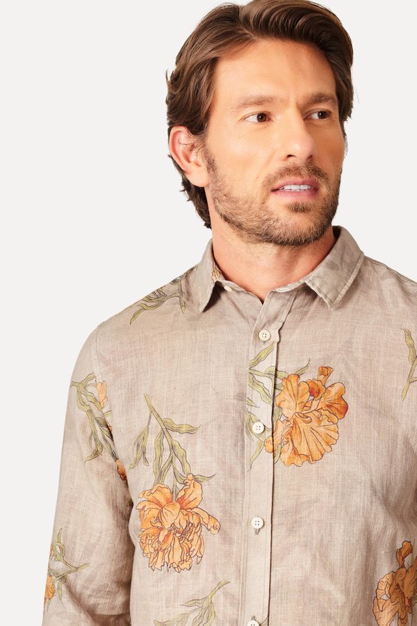 Camisa Linho Estampado Flores Da Terra Khaki - M