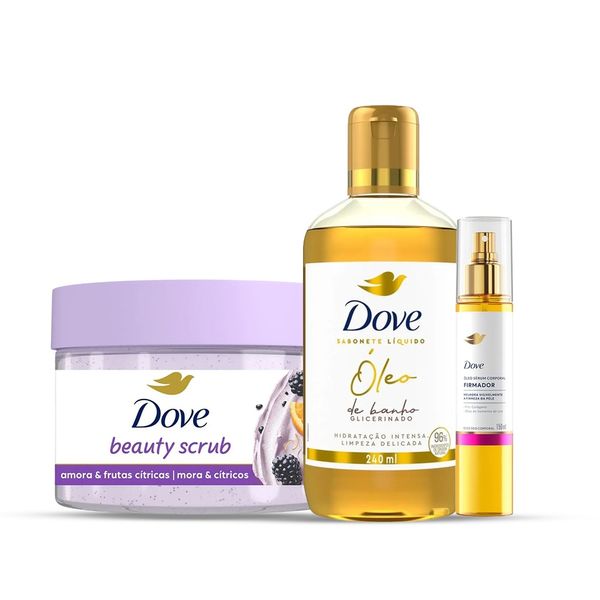 Kit Dove Óleo Sérum Corporal Firmador 150ml + Sabonete Líquido Óleo Banho Glicerinado 240ml + Esfoliante Beauty Scrub Amora e Frutas Cítricas 280g