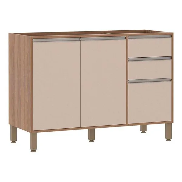 Balcão Para Pia Sem Tampo 120 Cm De Abrir 3 Gavetas Lari Vanill e Connect
