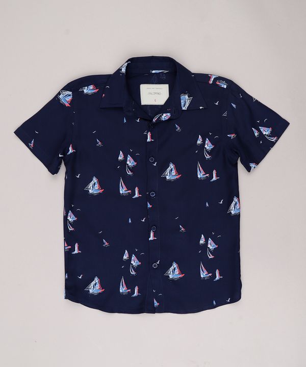 Camisa Infantil Estampada de Barcos Manga Curta Azul Marinho 10