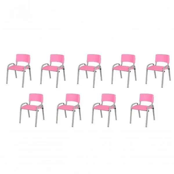 Kit 9 Cadeiras Infantil Iso, Escola, Base Cinza- Rosa