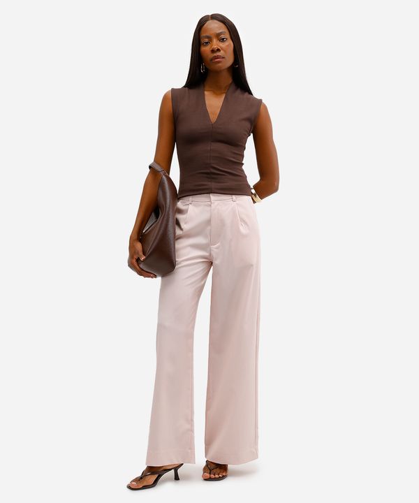 calça wide leg feminina de alfaiataria com pregas rosa 36