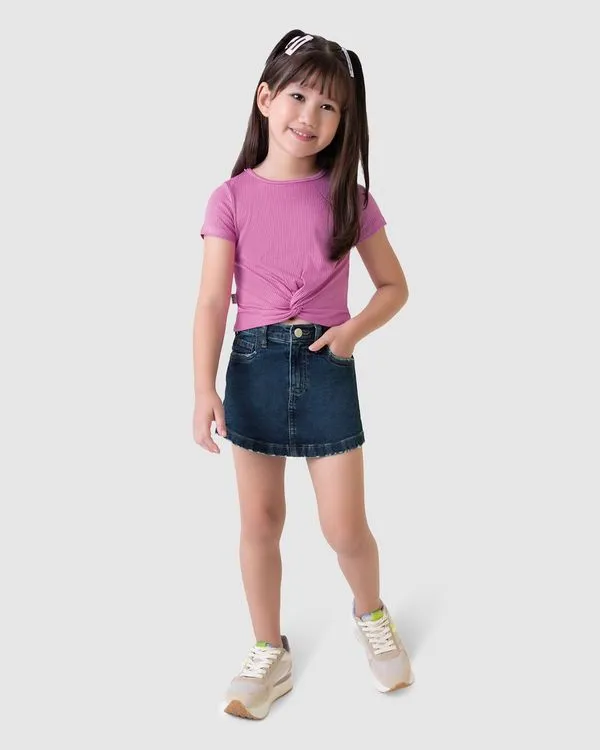 Shorts Saia Infantil Menina Cintura Média Em Jeans Moletom Malwee Kids Azul - 18