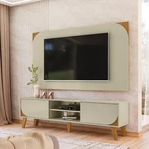 Kit Rack Bancada E Painel Duna 2 Portas Deslizantes Cumaru E Opala Pés De Madeira - Pallazio