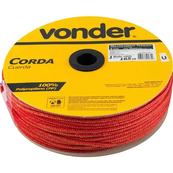 Corda Multifilamento Trançada 6mm x 165m Vermelha - VONDER