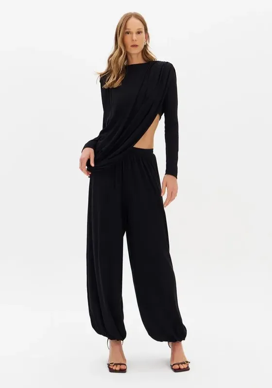 Calça Balloon Cintura Alta De Malha Leve Preto G