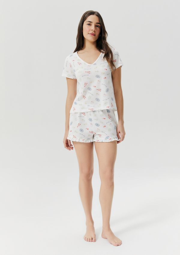 Pijama Curto Feminino Estampado Decote V - Off white M