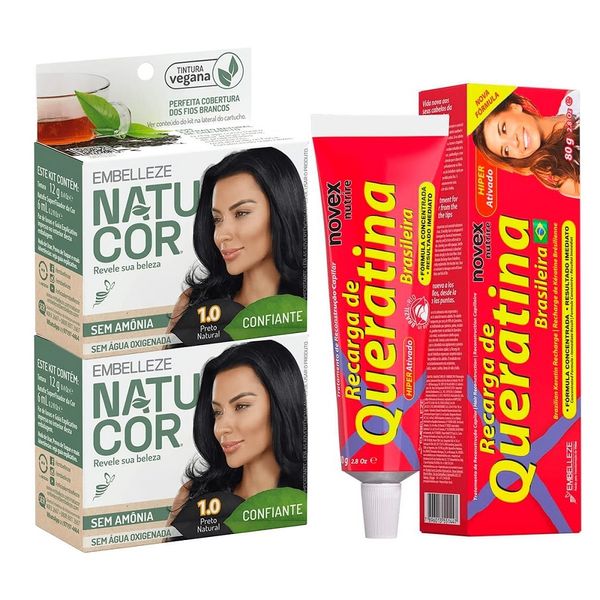 Tinta de Cabelo Natucor 1.0 Preto Natural 2 Unidades 12g Cada+Recarga Queratina 80g