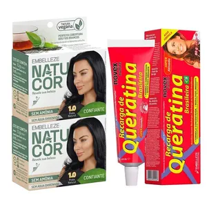 Tinta de Cabelo Natucor 1.0 Preto Natural 2 Unidades 12g Cada+Recarga Queratina 80g