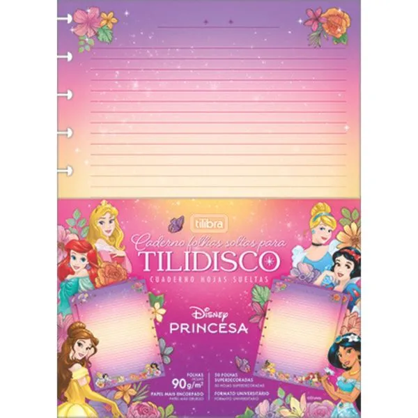 CADERNO FOLHAS SOLTAS TILIDISCO PRINCESAS DISNEY 90G 50FL